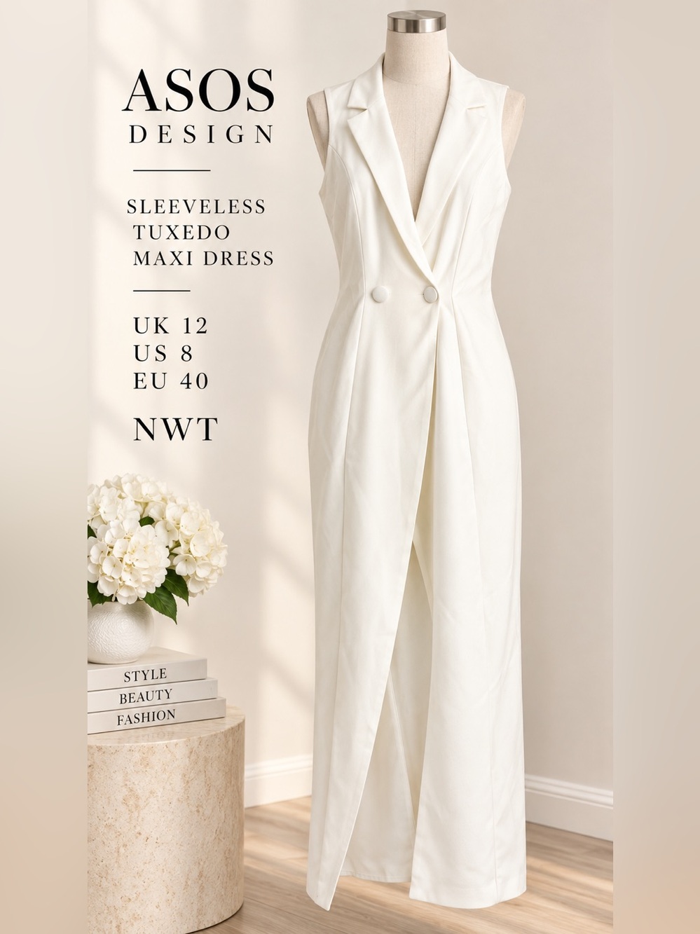 ASOS DESIGN White Sleeveless Tuxedo Blazer Maxi Dress Long Vest US 8